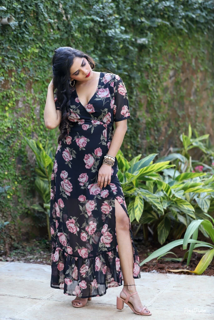 Actress Bhagyashree Mote in bold black floral dress